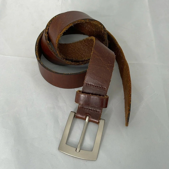 VINTAGE Mens Nutmeg Brown Genuine Leather Belt Brushed Silver-tone Buckle Size M - Picture 10 of 10